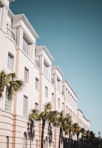 Bright modern building facade with palm trees against a clear blue sky.